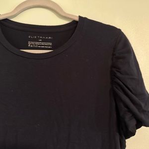 Elie Tahari Womens Puff Ruched Sleeves Crew Neck T Shirt Plain Navy Blue Large